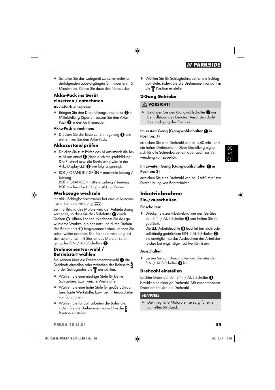 Inbetriebnahme | Parkside PSBSA 18-Li A1 User Manual | Page 58 / 64