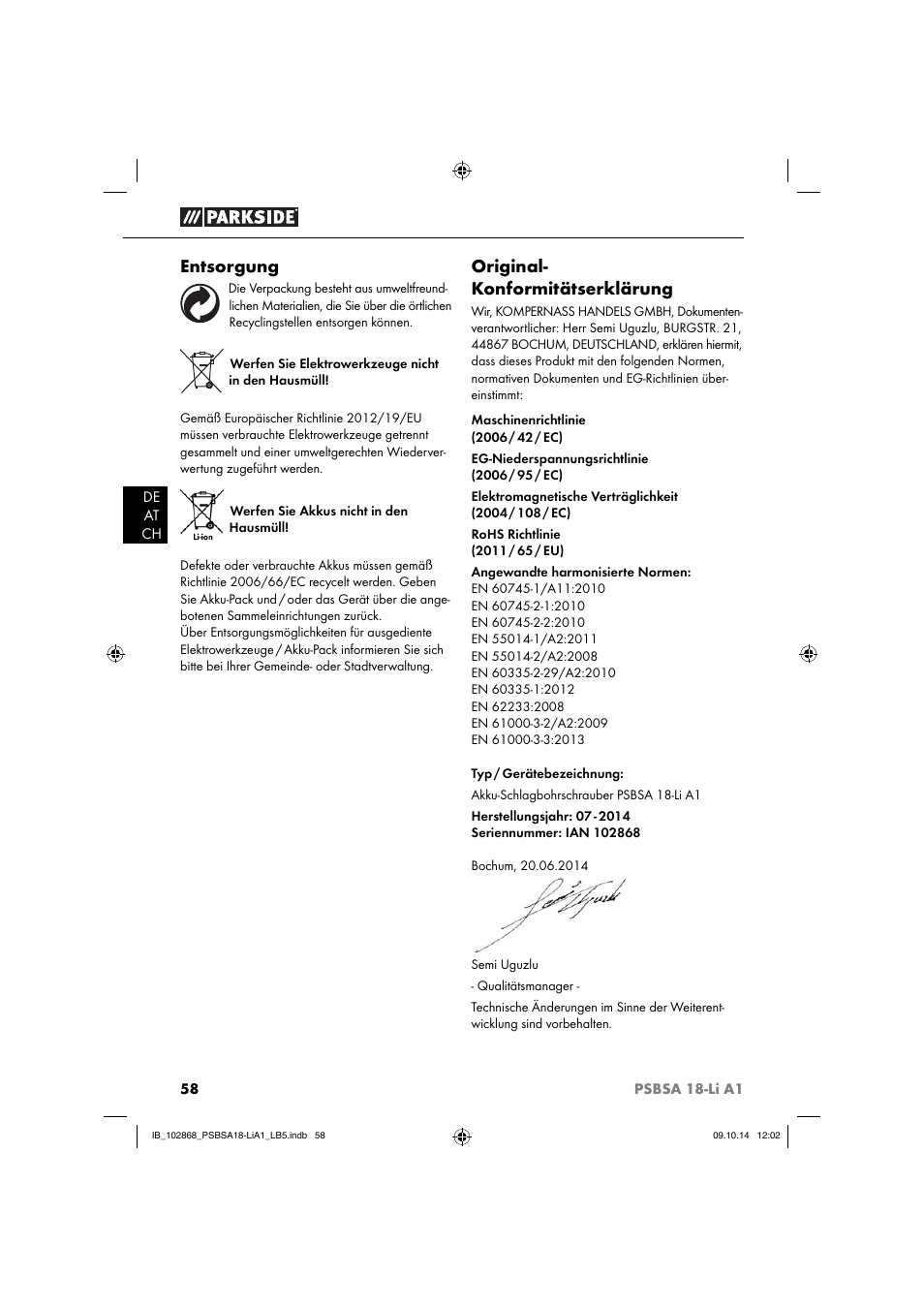 Entsorgung, Original- konformitätserklärung | Parkside PSBSA 18-Li A1 User Manual | Page 61 / 64