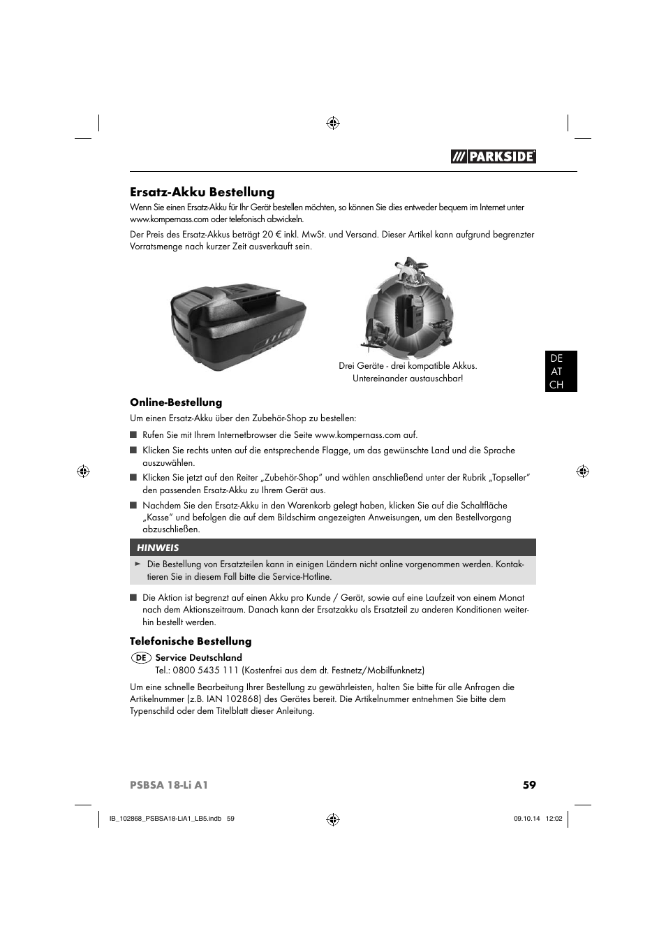 Ersatz-akku bestellung | Parkside PSBSA 18-Li A1 User Manual | Page 62 / 64