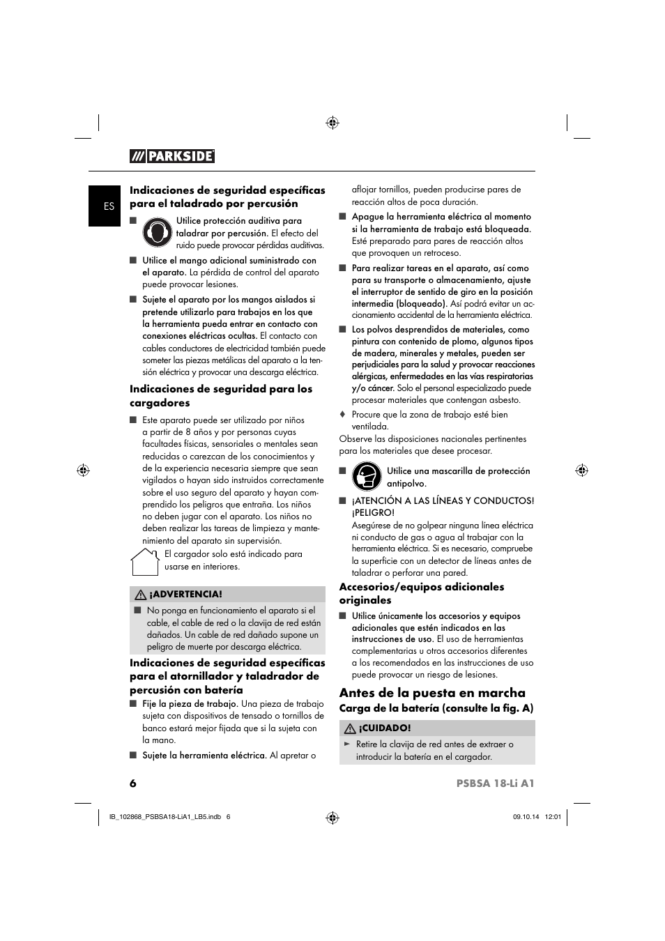 Antes de la puesta en marcha | Parkside PSBSA 18-Li A1 User Manual | Page 9 / 64