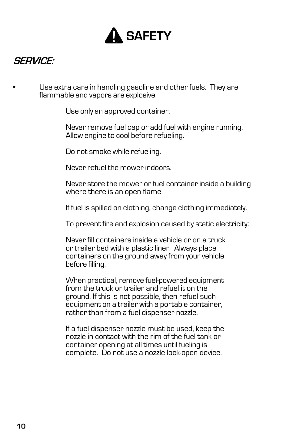 Safety, Service | Dixon 8000D User Manual | Page 10 / 44