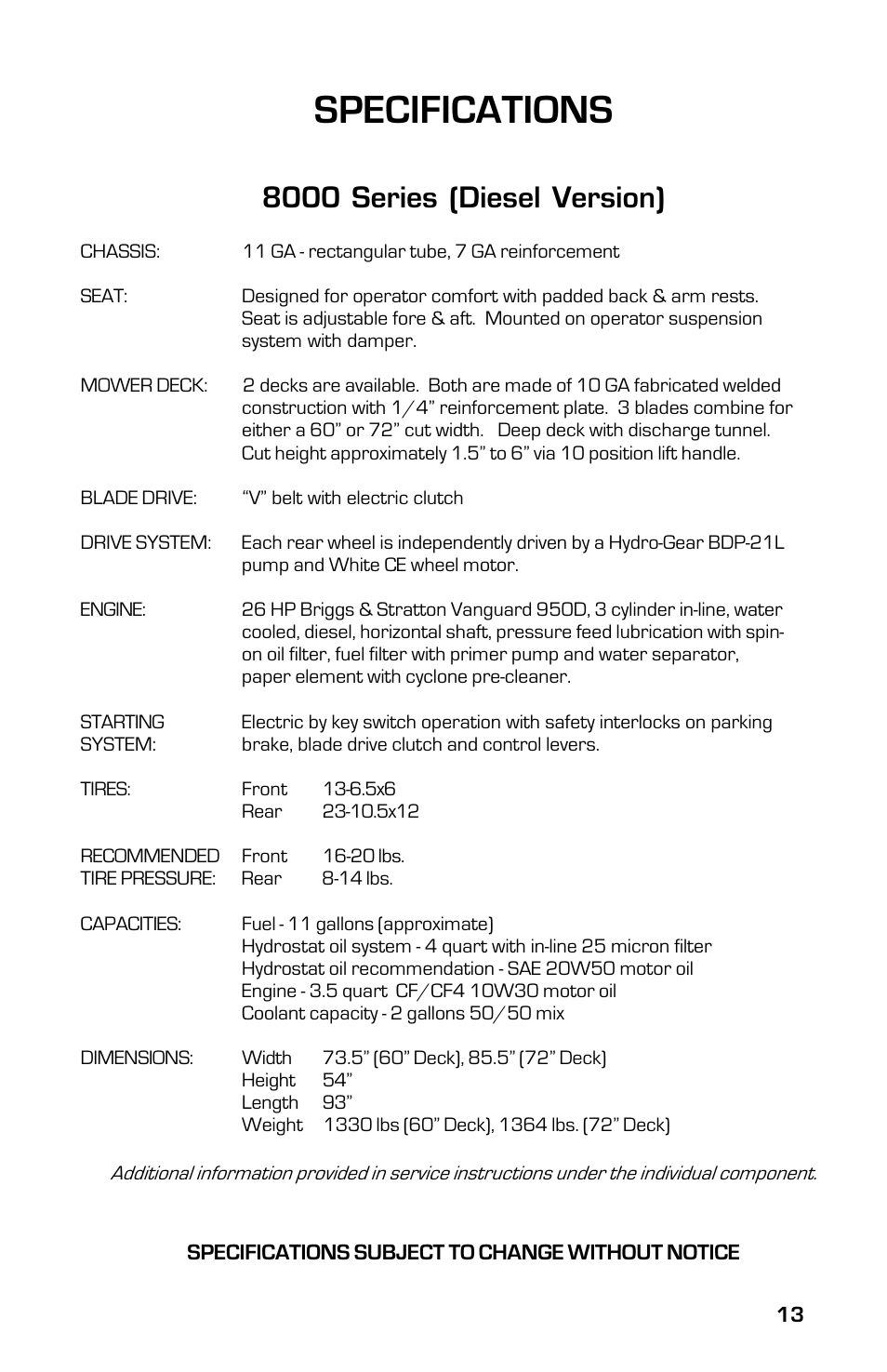 Specifications, 8000 series (diesel version) | Dixon 8000D User Manual | Page 13 / 44