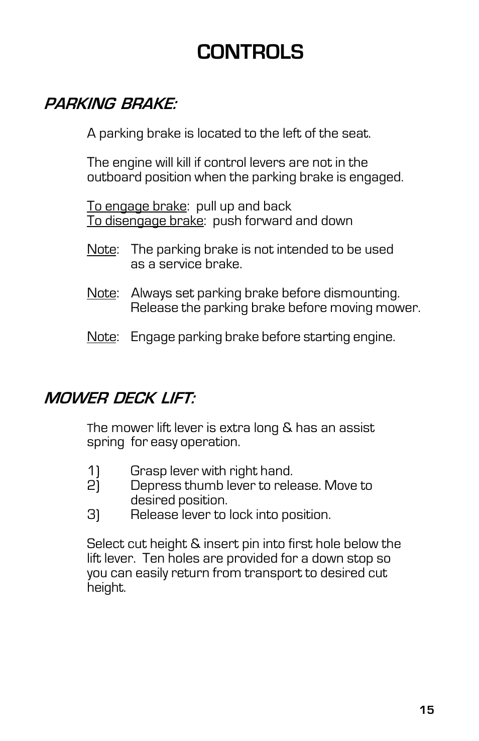 Controls, Parking brake, Mower deck lift | Dixon 8000D User Manual | Page 15 / 44