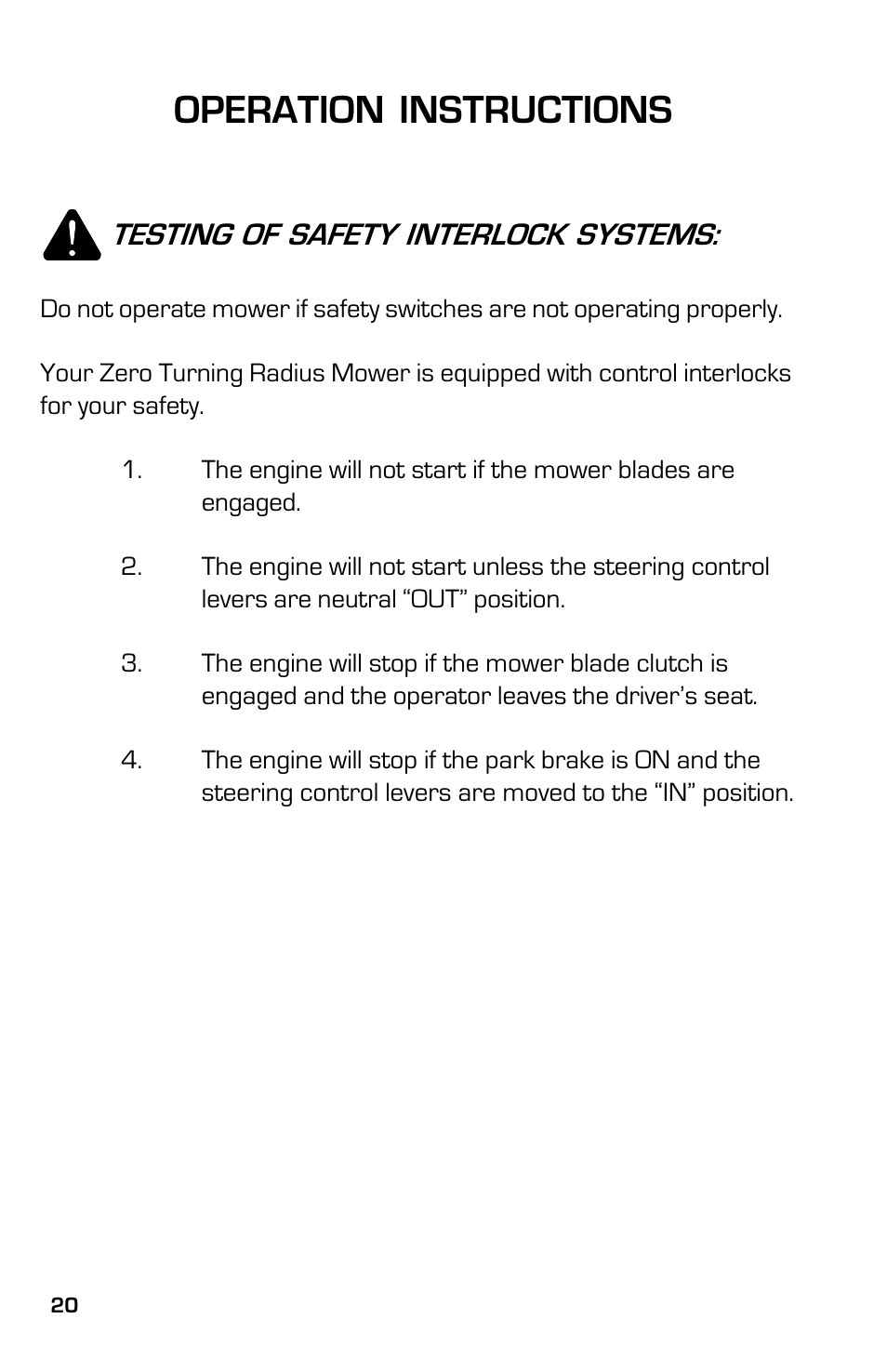 Operation instructions, Testing of safety interlock systems | Dixon 8000D User Manual | Page 20 / 44