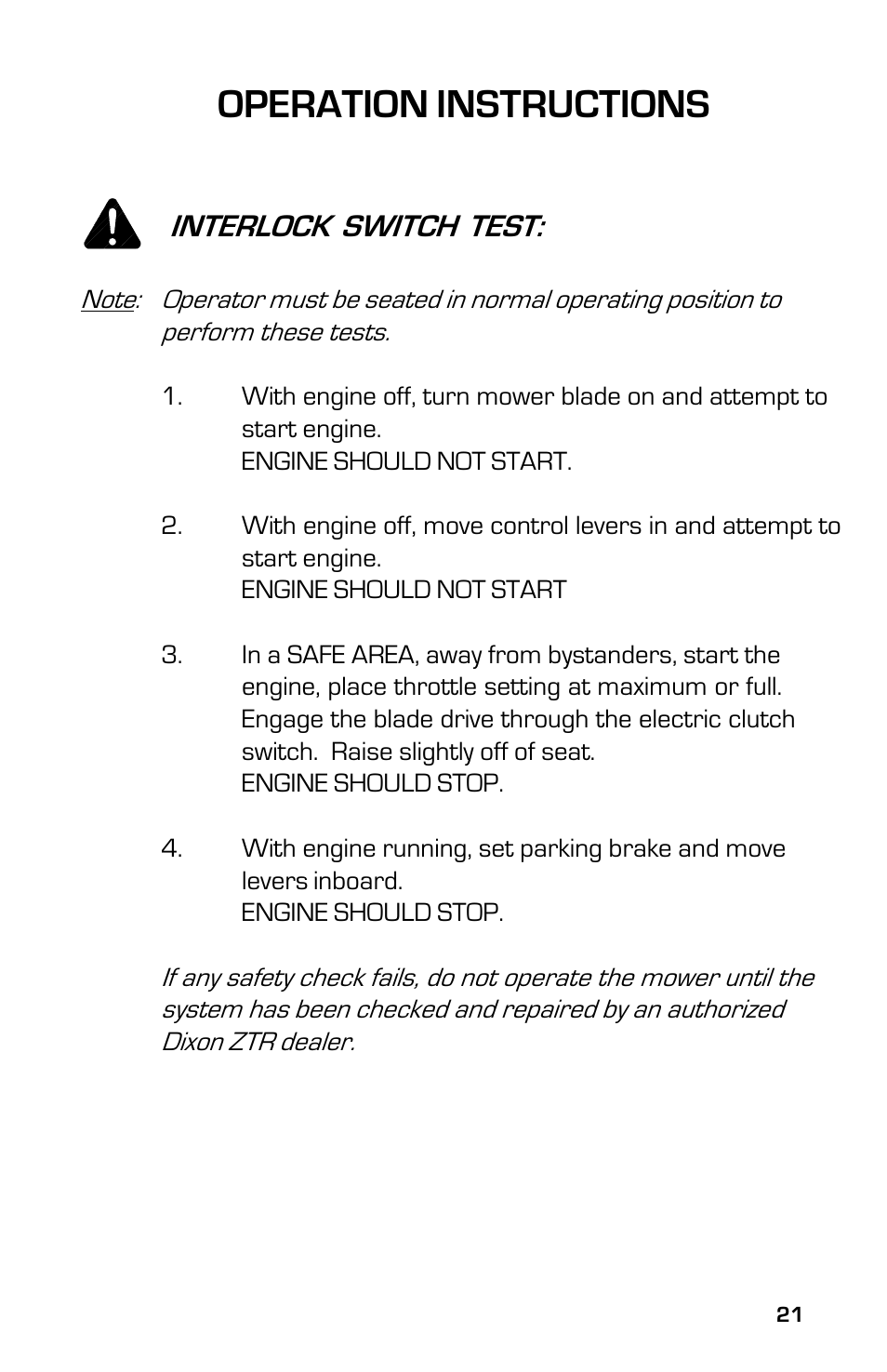 Operation instructions, Interlock switch test | Dixon 8000D User Manual | Page 21 / 44