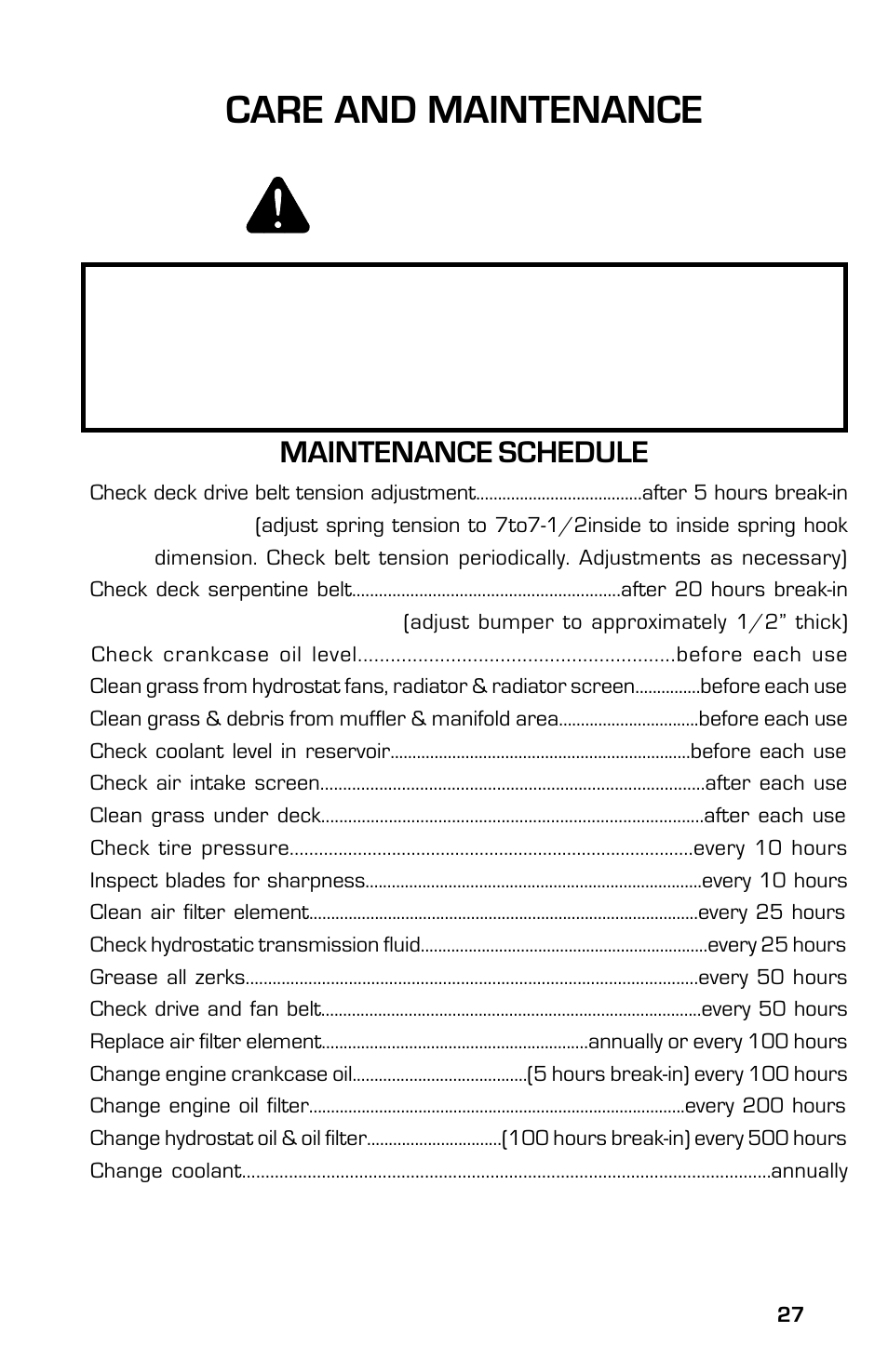 Maintenance schedule | Dixon 8000D User Manual | Page 27 / 44