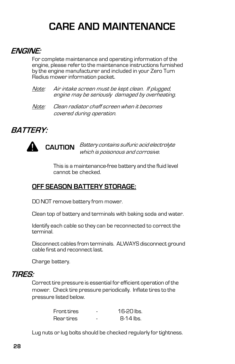 Care and maintenance, Engine, Battery | Tires | Dixon 8000D User Manual | Page 28 / 44