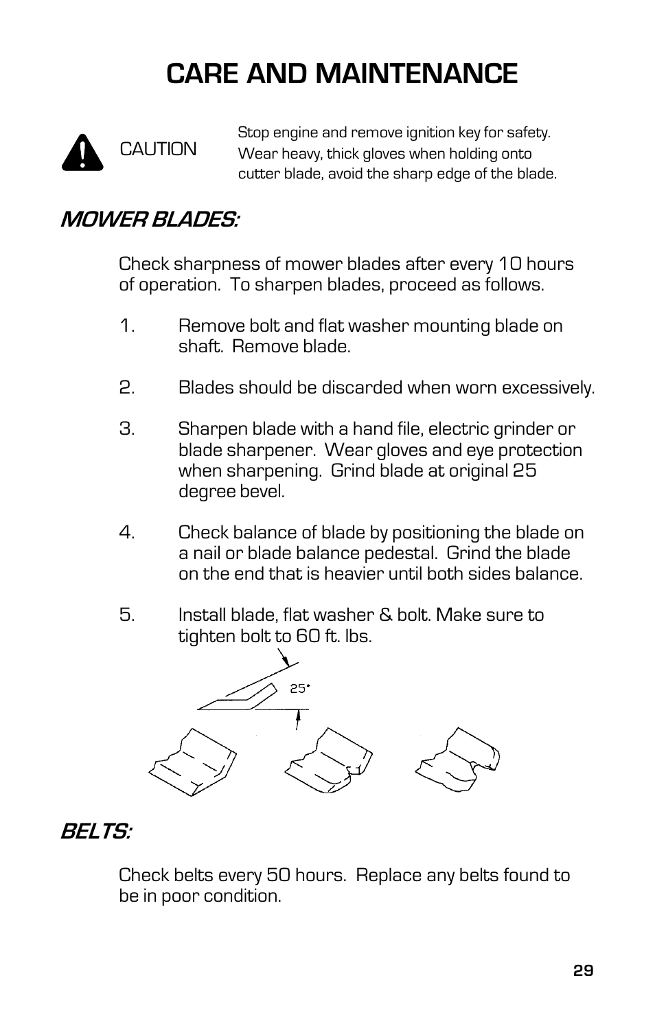 Care and maintenance, Mower blades, Belts | Dixon 8000D User Manual | Page 29 / 44