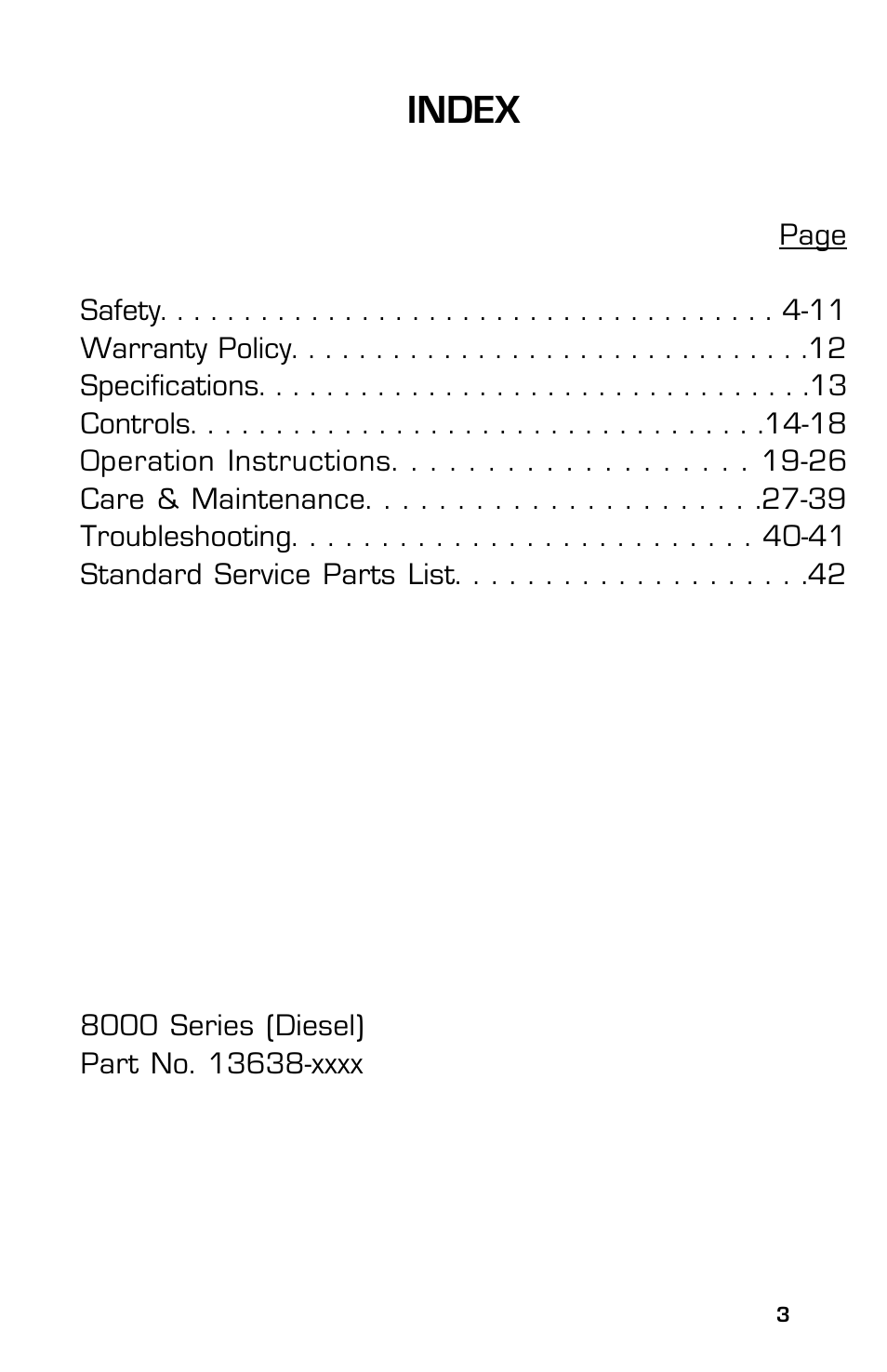 Index | Dixon 8000D User Manual | Page 3 / 44