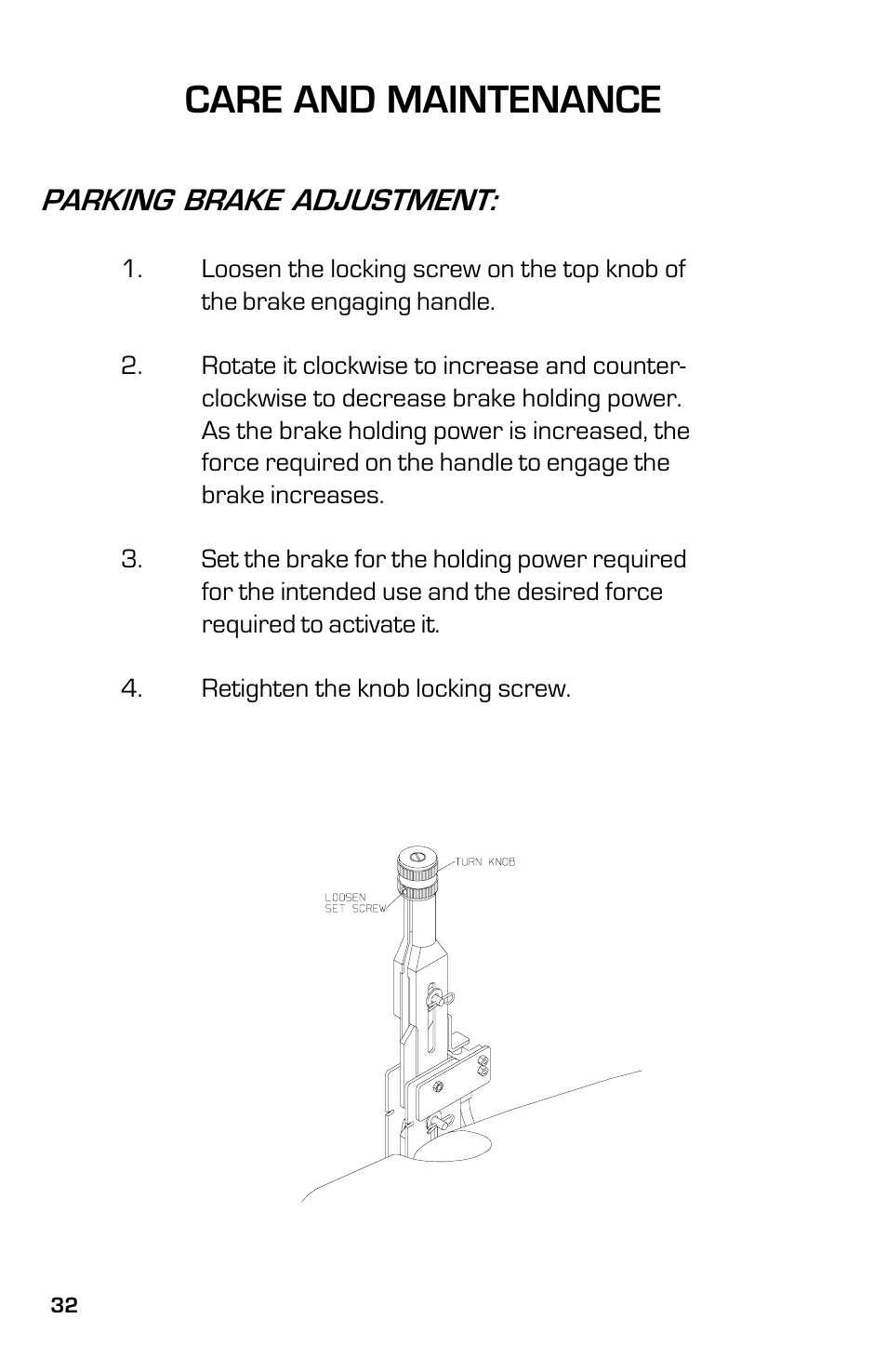 Care and maintenance, Parking brake adjustment | Dixon 8000D User Manual | Page 32 / 44