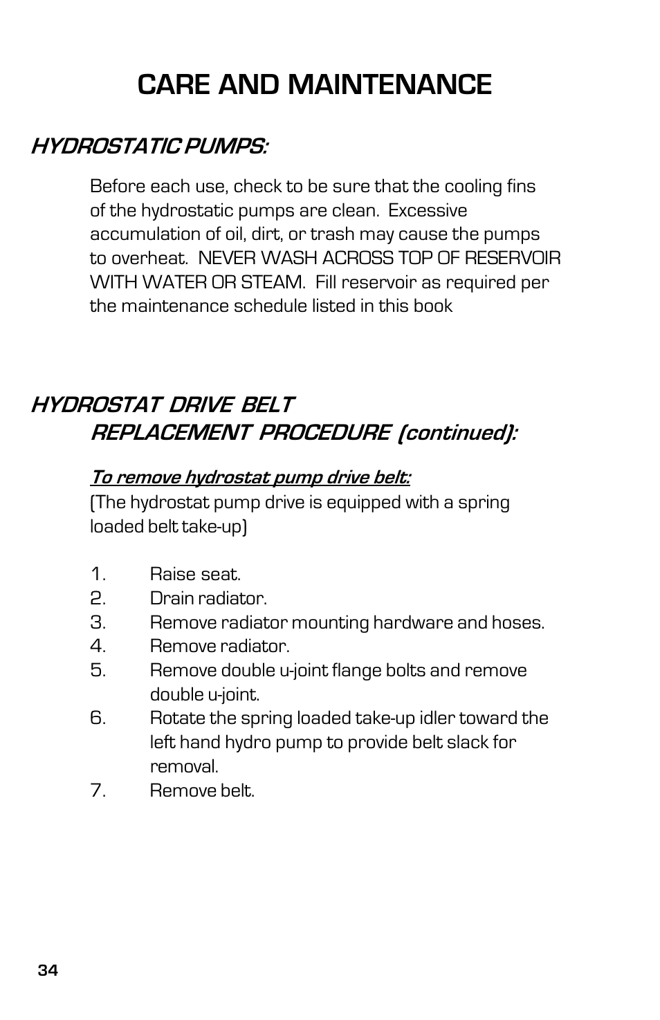 Care and maintenance, Hydrostatic pumps | Dixon 8000D User Manual | Page 34 / 44