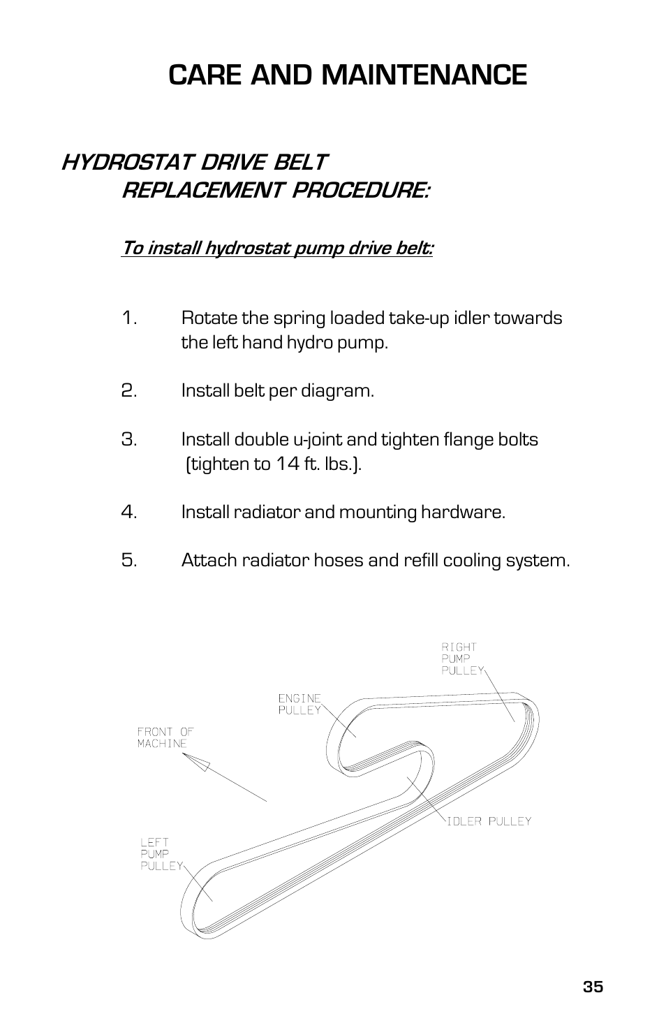 Care and maintenance, Hydrostat drive belt replacement procedure | Dixon 8000D User Manual | Page 35 / 44