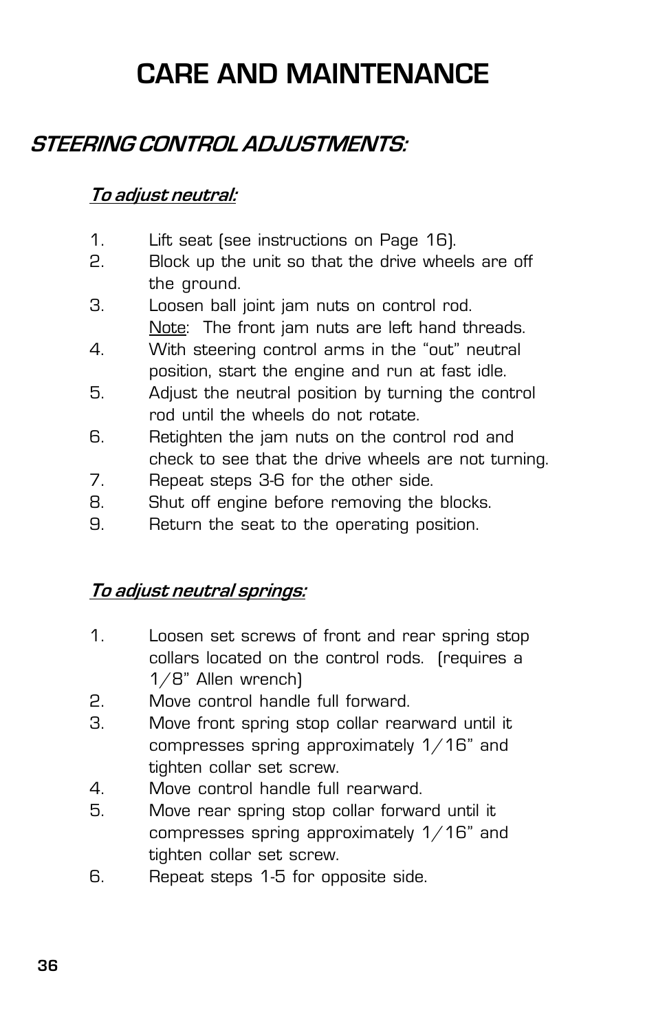 Care and maintenance, Steering control adjustments | Dixon 8000D User Manual | Page 36 / 44