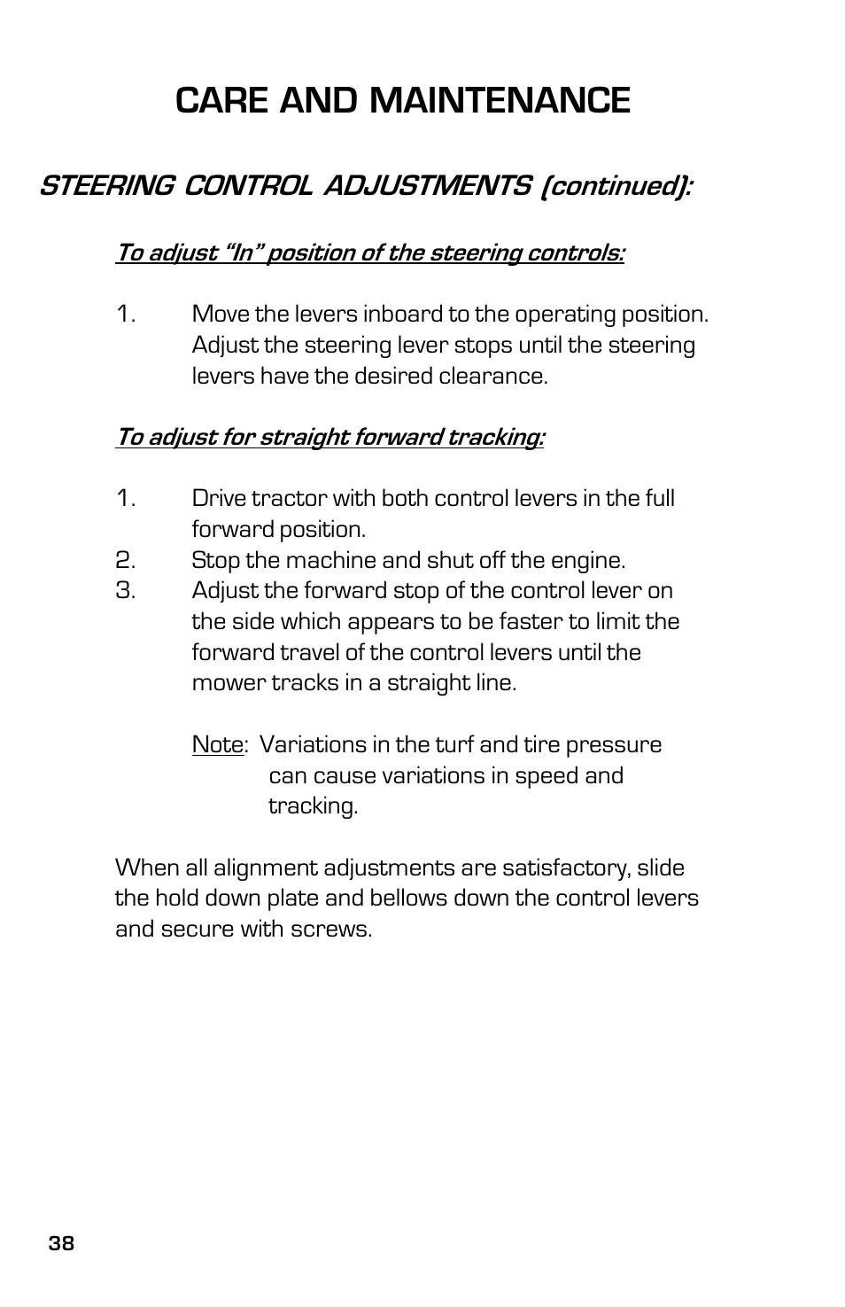Care and maintenance, Steering control adjustments (continued) | Dixon 8000D User Manual | Page 38 / 44