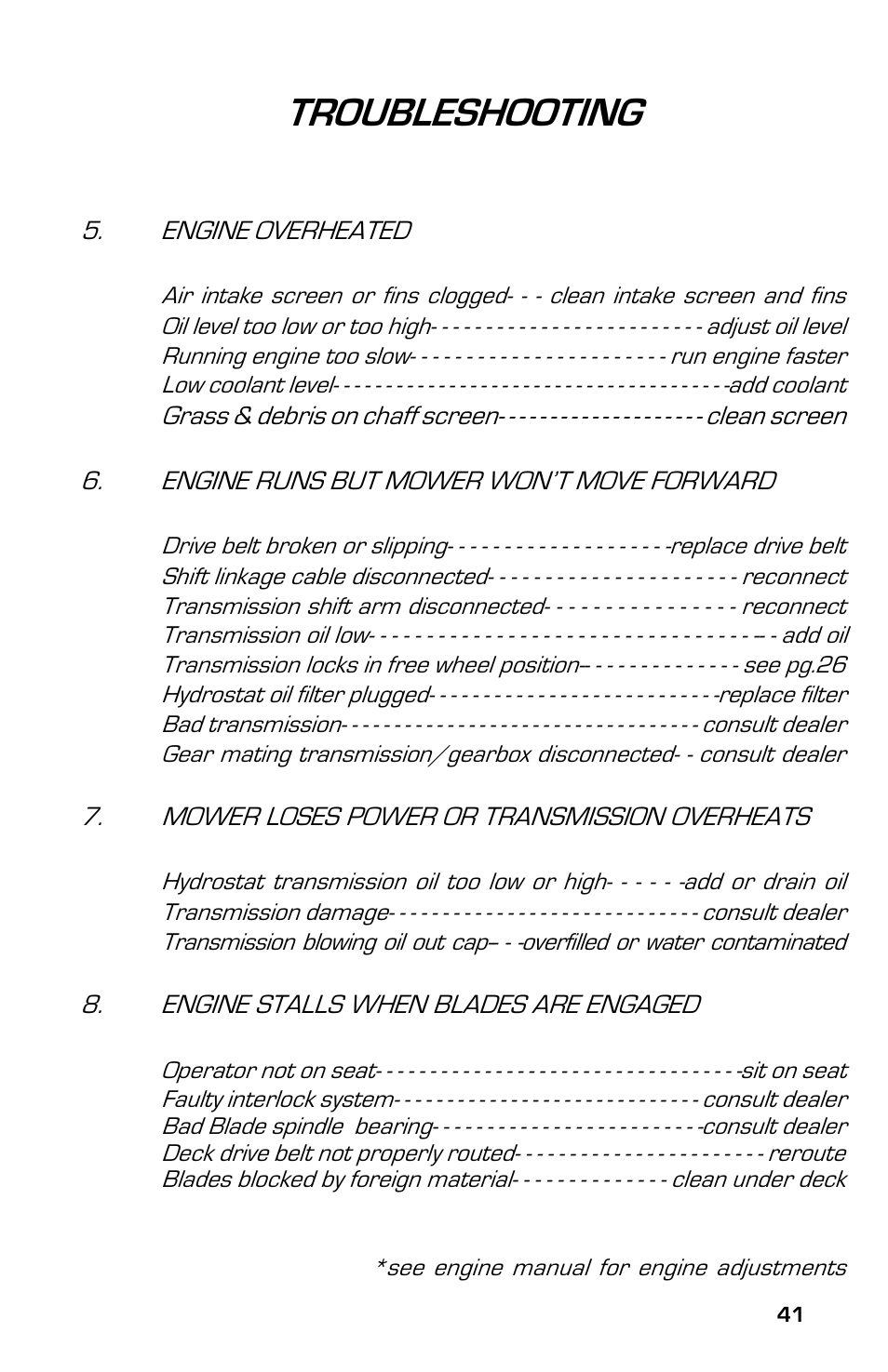 Troubleshooting | Dixon 8000D User Manual | Page 41 / 44