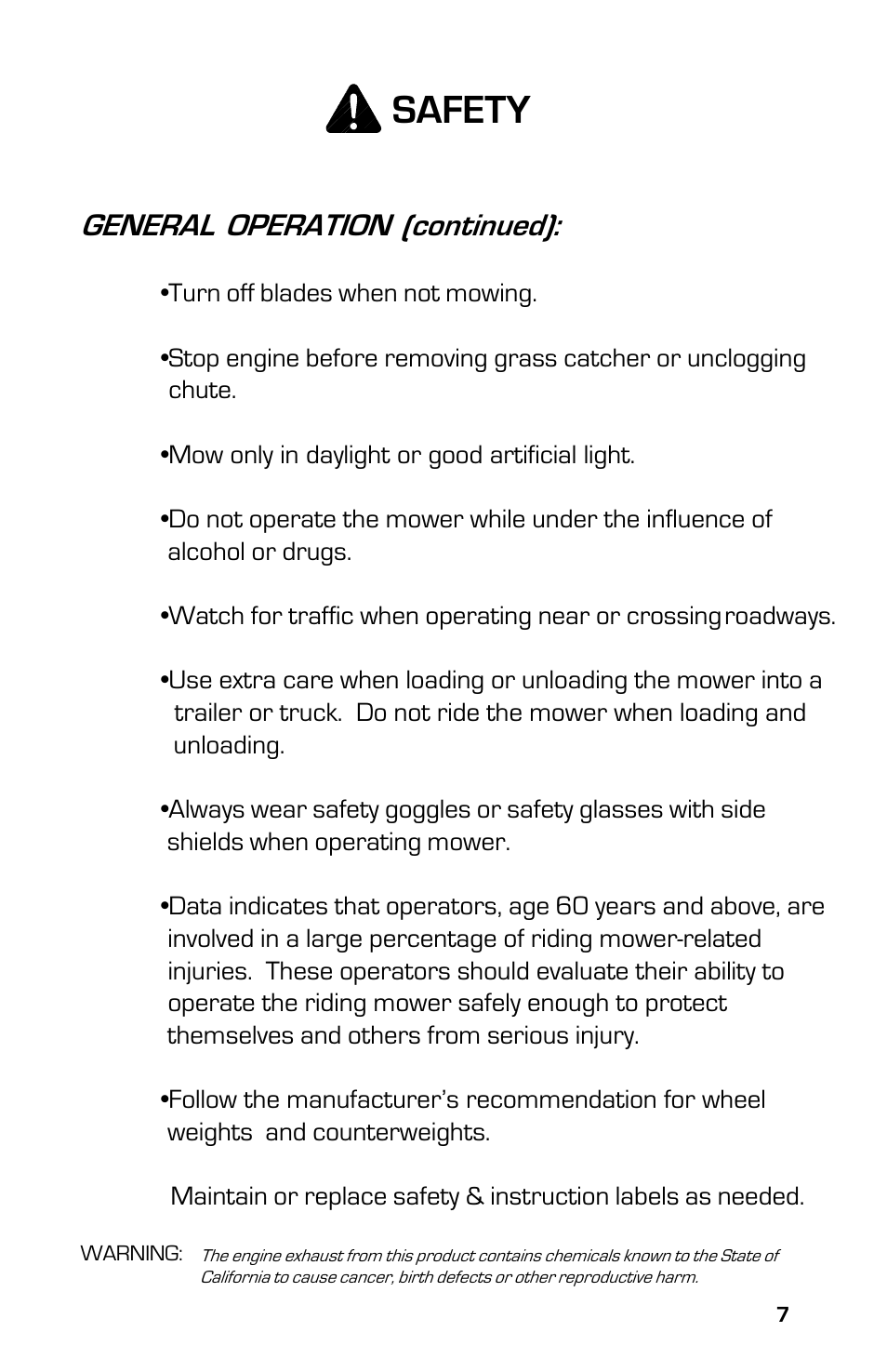 Safety, General operation (continued) | Dixon 8000D User Manual | Page 7 / 44