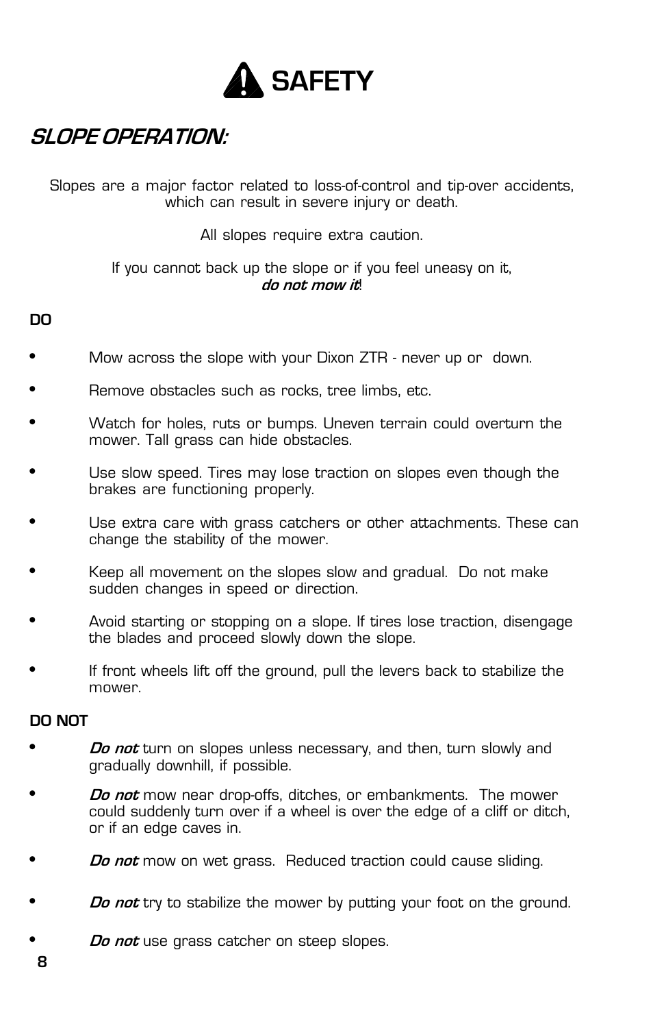 Safety, Slope operation | Dixon 8000D User Manual | Page 8 / 44