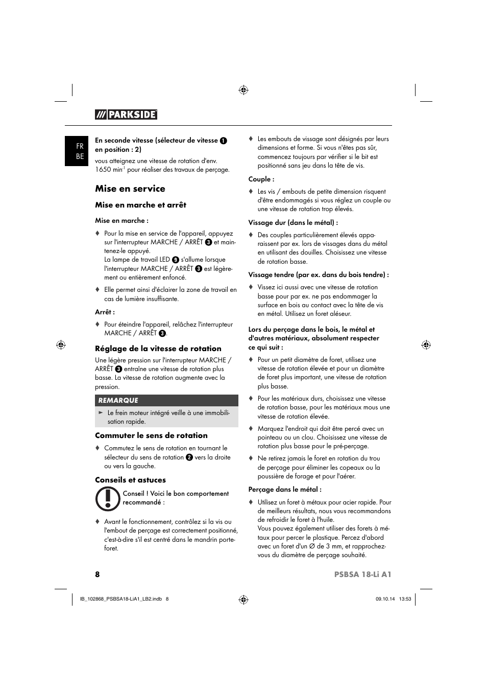 Mise en service | Parkside PSBSA 18-Li A1 User Manual | Page 11 / 40