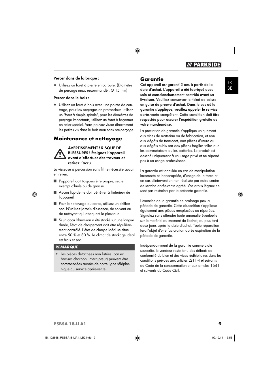 Maintenance et nettoyage, Garantie | Parkside PSBSA 18-Li A1 User Manual | Page 12 / 40