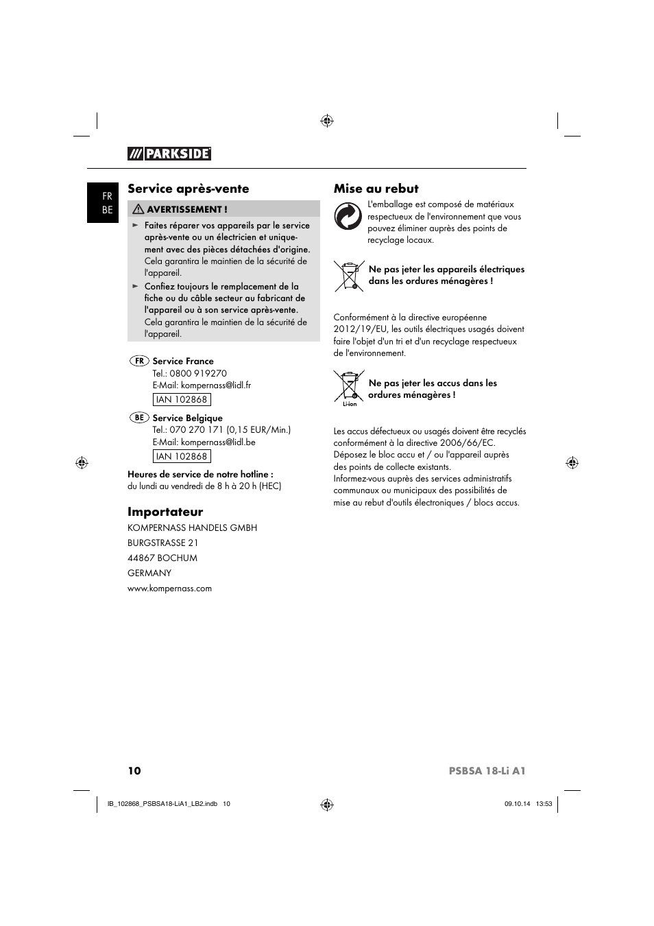 Service après-vente, Importateur, Mise au rebut | Parkside PSBSA 18-Li A1 User Manual | Page 13 / 40