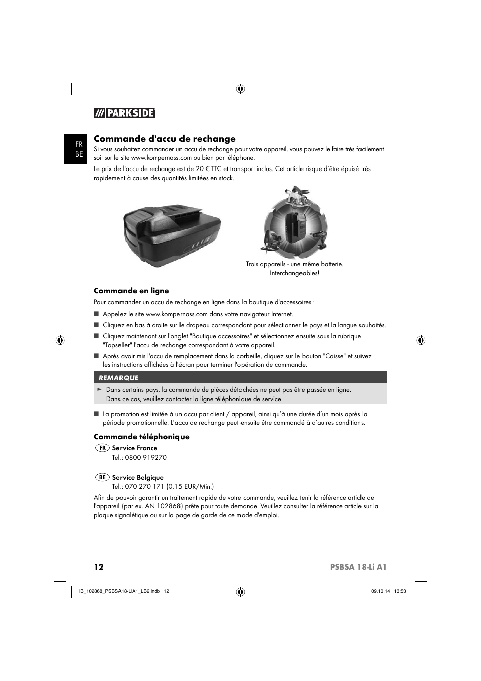 Commande d'accu de rechange | Parkside PSBSA 18-Li A1 User Manual | Page 15 / 40