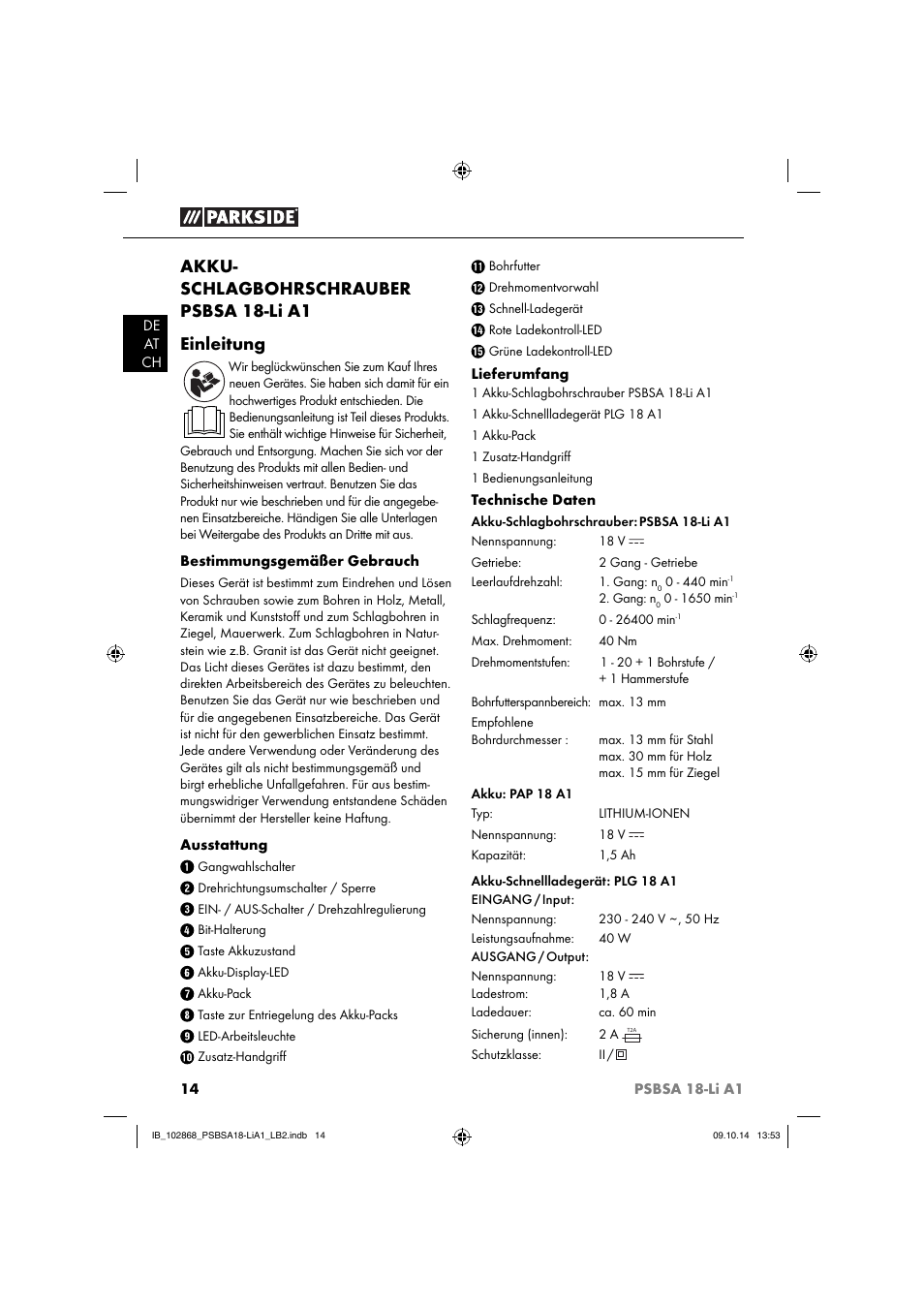 Parkside PSBSA 18-Li A1 User Manual | Page 17 / 40