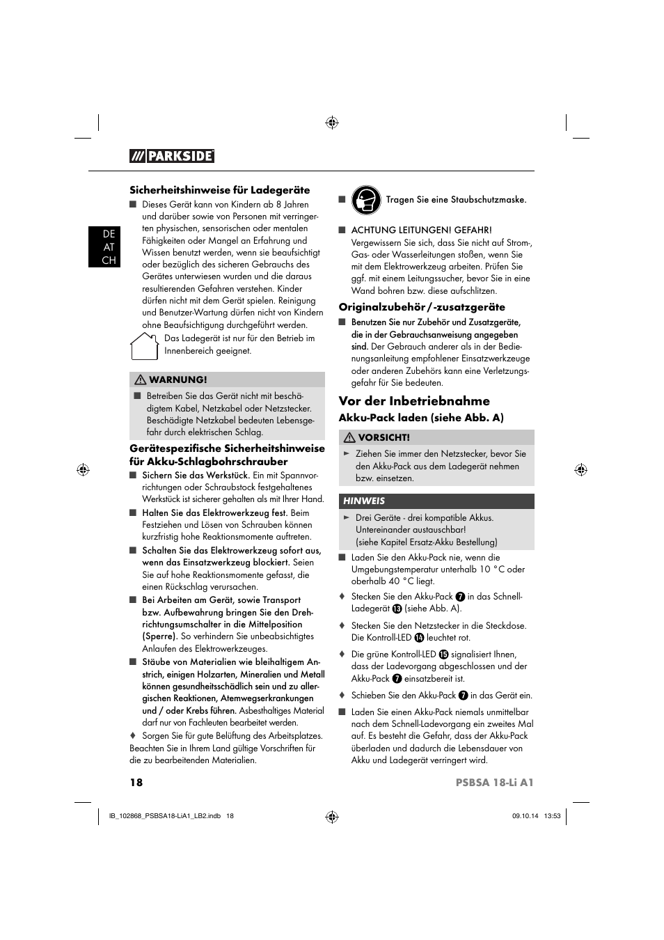 Vor der inbetriebnahme | Parkside PSBSA 18-Li A1 User Manual | Page 21 / 40