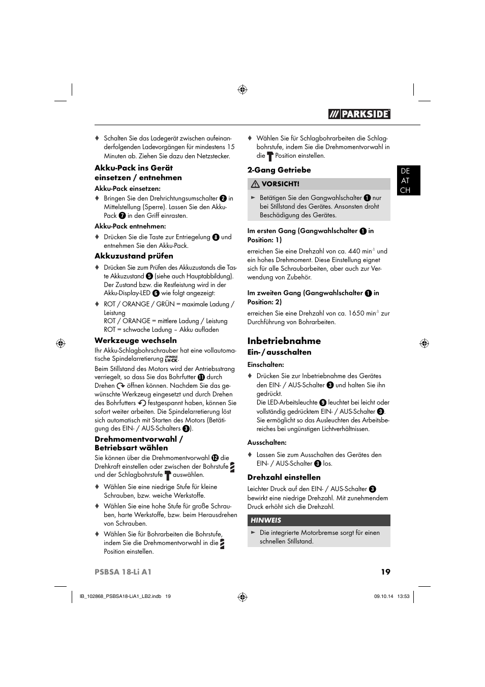 Inbetriebnahme | Parkside PSBSA 18-Li A1 User Manual | Page 22 / 40
