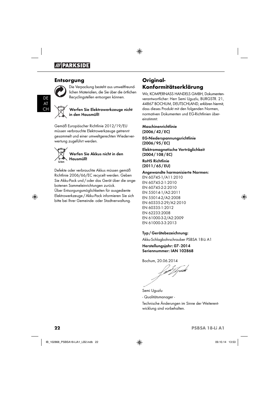 Entsorgung, Original- konformitätserklärung | Parkside PSBSA 18-Li A1 User Manual | Page 25 / 40