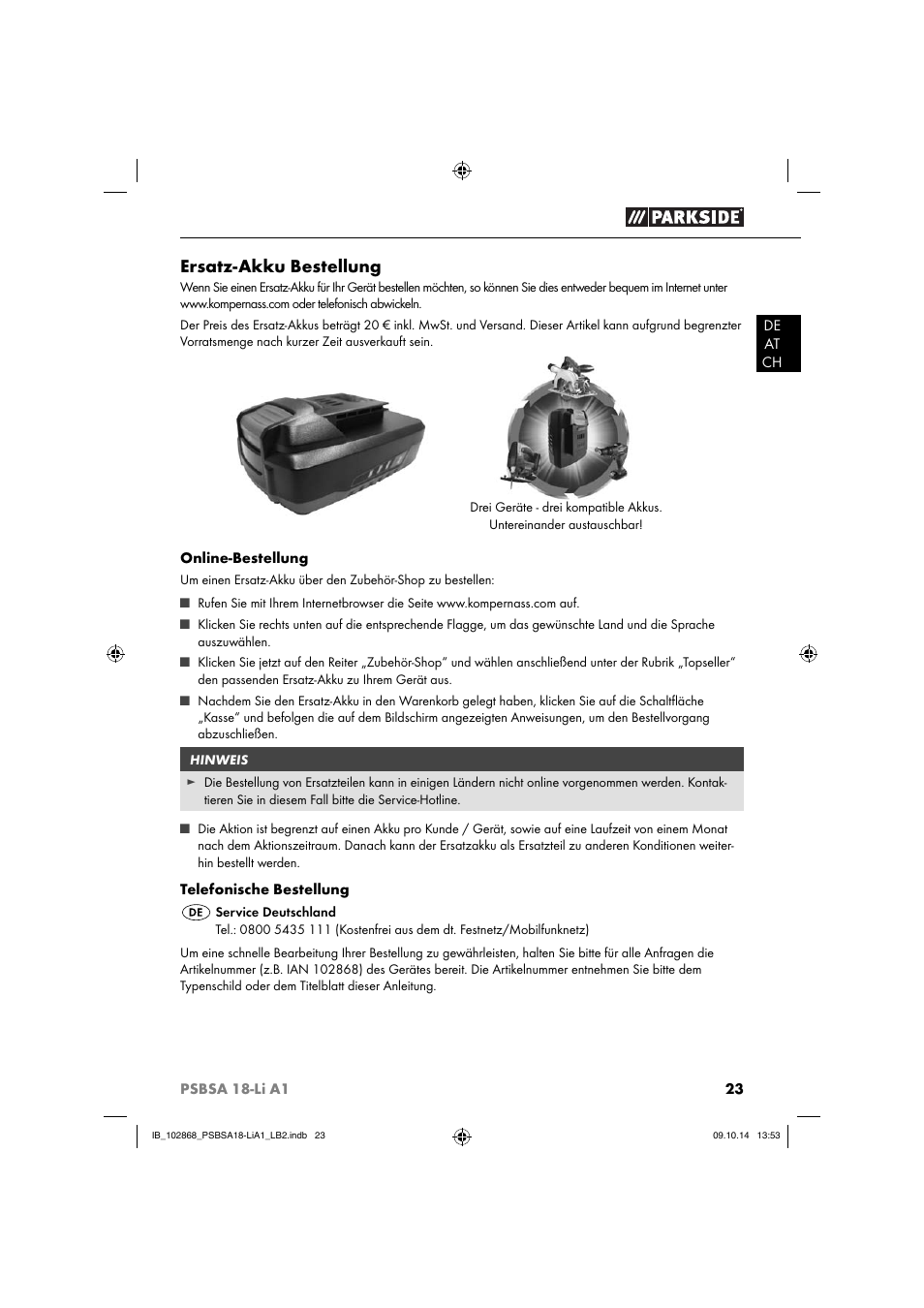 Ersatz-akku bestellung | Parkside PSBSA 18-Li A1 User Manual | Page 26 / 40