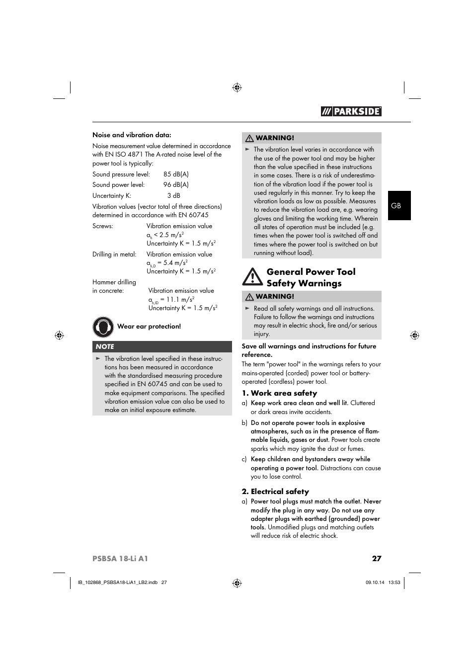 General power tool safety warnings | Parkside PSBSA 18-Li A1 User Manual | Page 30 / 40
