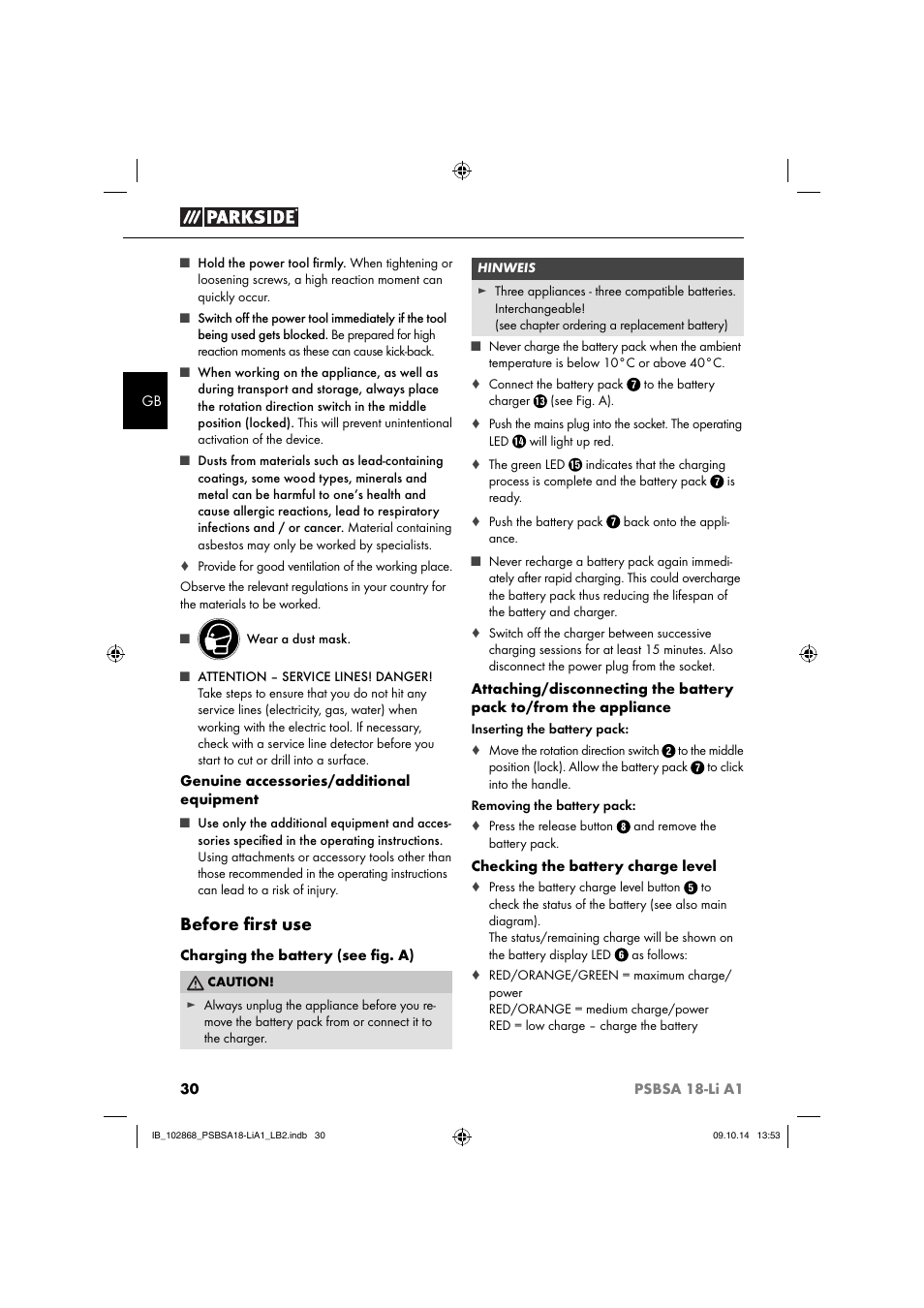 Before ﬁ rst use | Parkside PSBSA 18-Li A1 User Manual | Page 33 / 40