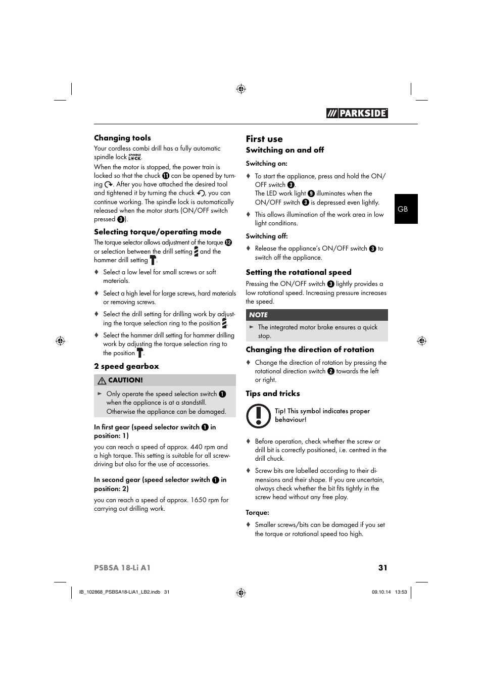 First use | Parkside PSBSA 18-Li A1 User Manual | Page 34 / 40