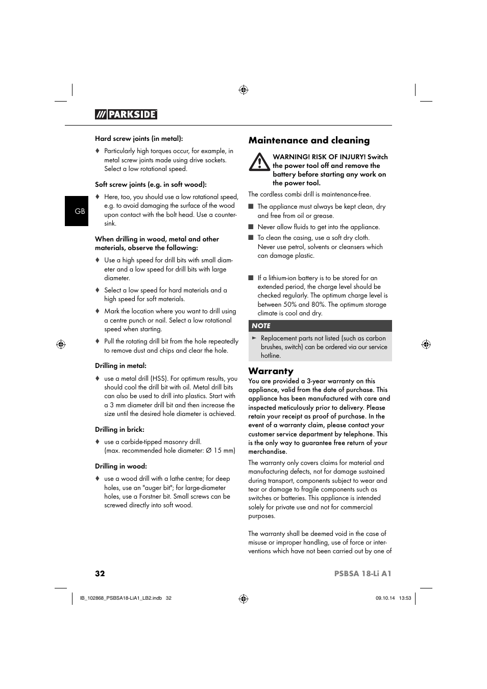 Maintenance and cleaning, Warranty | Parkside PSBSA 18-Li A1 User Manual | Page 35 / 40