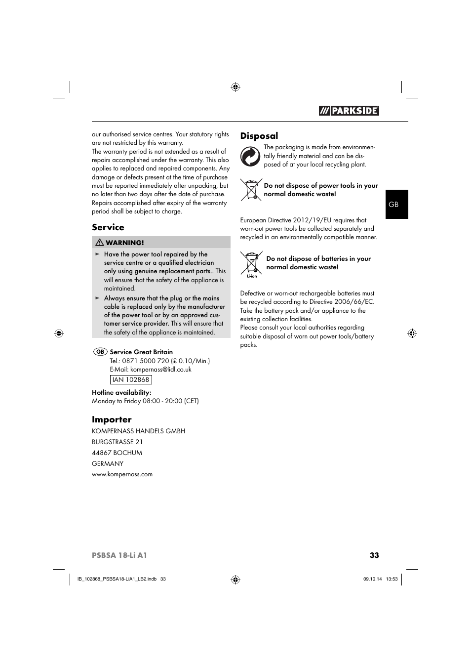 Service, Importer, Disposal | Parkside PSBSA 18-Li A1 User Manual | Page 36 / 40