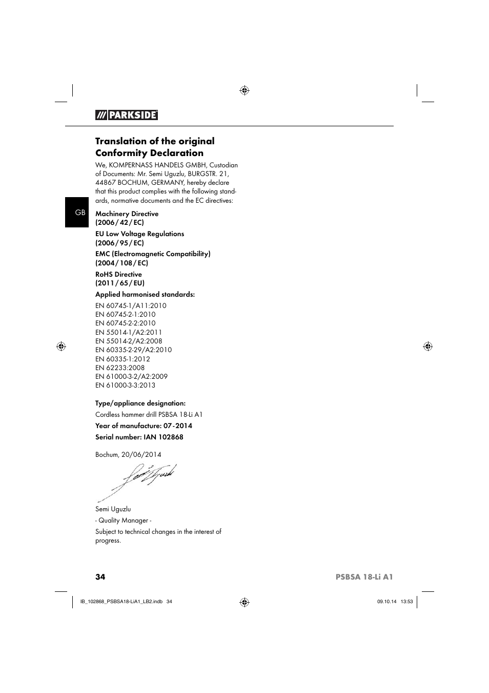 Translation of the original conformity declaration | Parkside PSBSA 18-Li A1 User Manual | Page 37 / 40