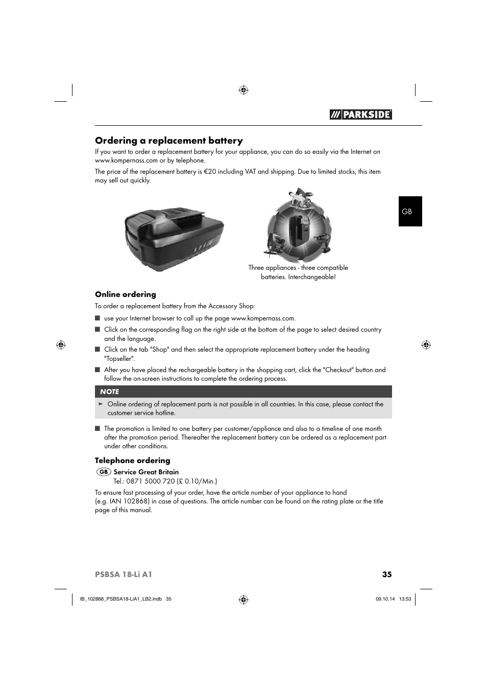 Ordering a replacement battery | Parkside PSBSA 18-Li A1 User Manual | Page 38 / 40