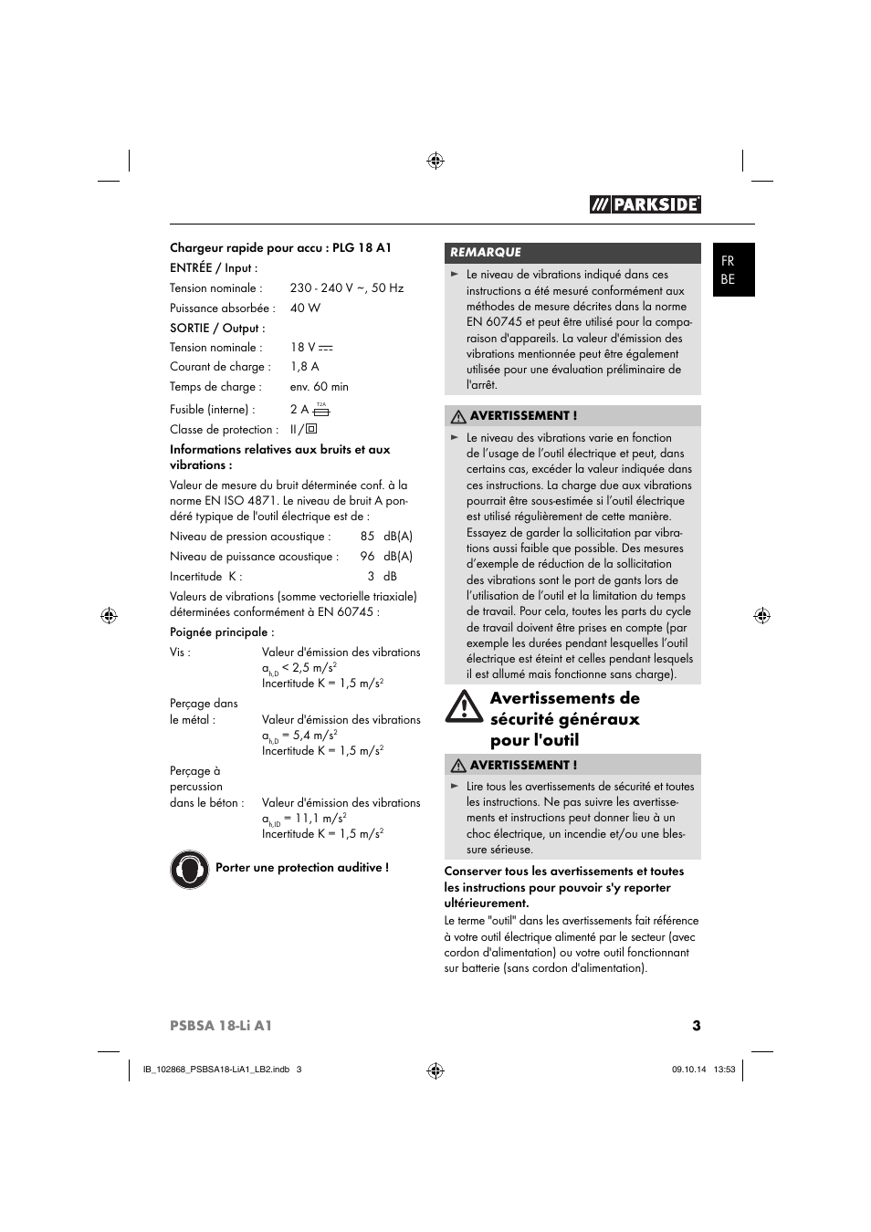 Avertissements de sécurité généraux pour l'outil | Parkside PSBSA 18-Li A1 User Manual | Page 6 / 40