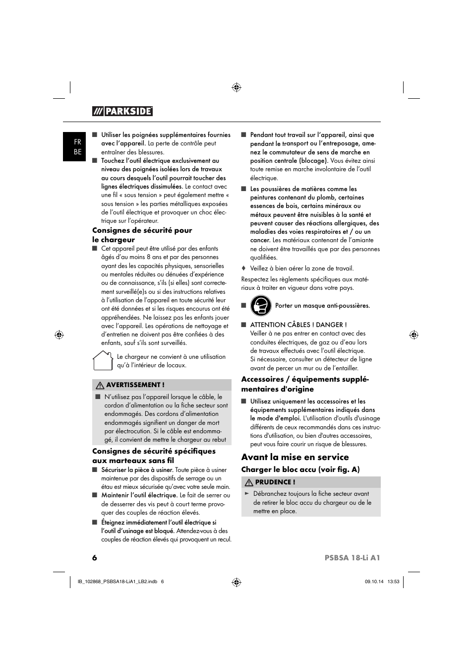 Avant la mise en service | Parkside PSBSA 18-Li A1 User Manual | Page 9 / 40