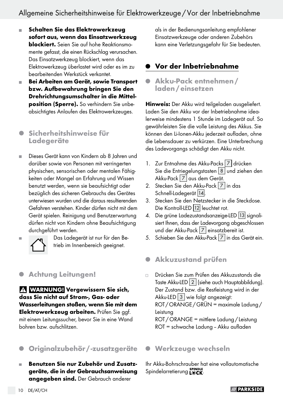 Sicherheitshinweise für ladegeräte, Achtung leitungen, Originalzubehör / -zusatzgeräte | Vor der, Inbetriebnahme, Akku-pack entnehmen / laden / einsetzen, Akkuzustand prüfen, Werkzeuge wechseln | Parkside PABS 10.8 C2 User Manual | Page 10 / 44
