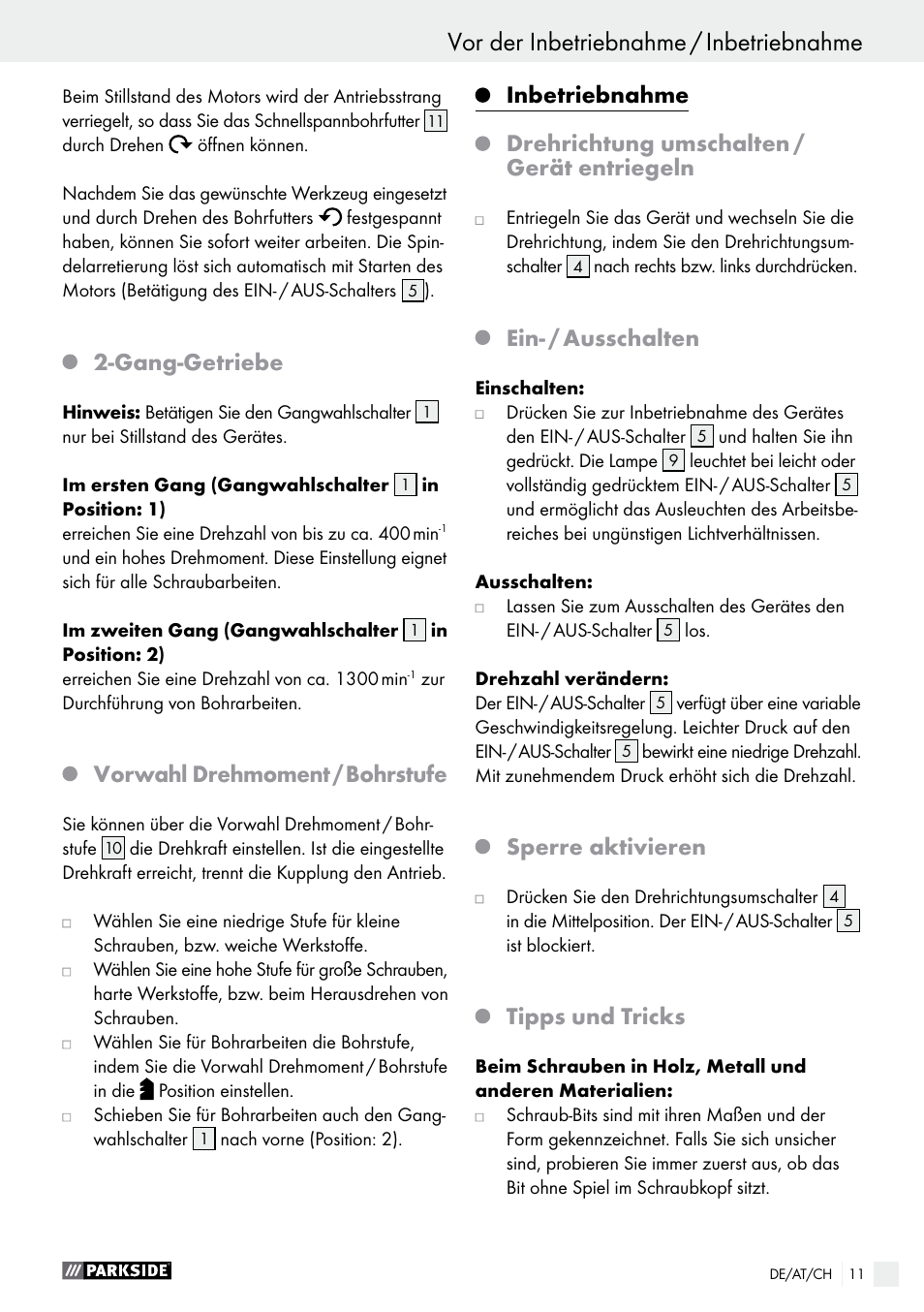 Vor der inbetriebnahme / inbetriebnahme, Gang-getriebe, Vorwahl drehmoment / bohrstufe | Ein- / ausschalten, Sperre aktivieren, Tipps und tricks | Parkside PABS 10.8 C2 User Manual | Page 11 / 44