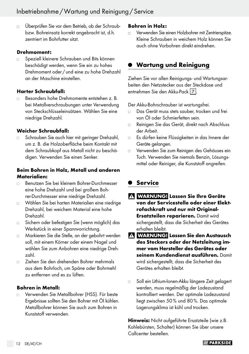 Inbetriebnahme / wartung und reinigung / service, Wartung und reinigung, Service | Parkside PABS 10.8 C2 User Manual | Page 12 / 44