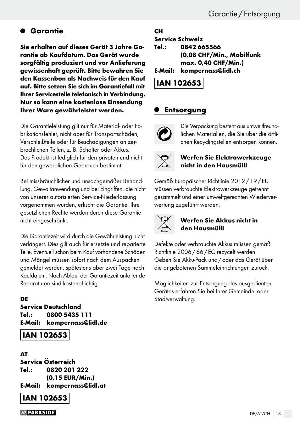 Garantie / entsorgung, Garantie, Entsorgung | Parkside PABS 10.8 C2 User Manual | Page 13 / 44