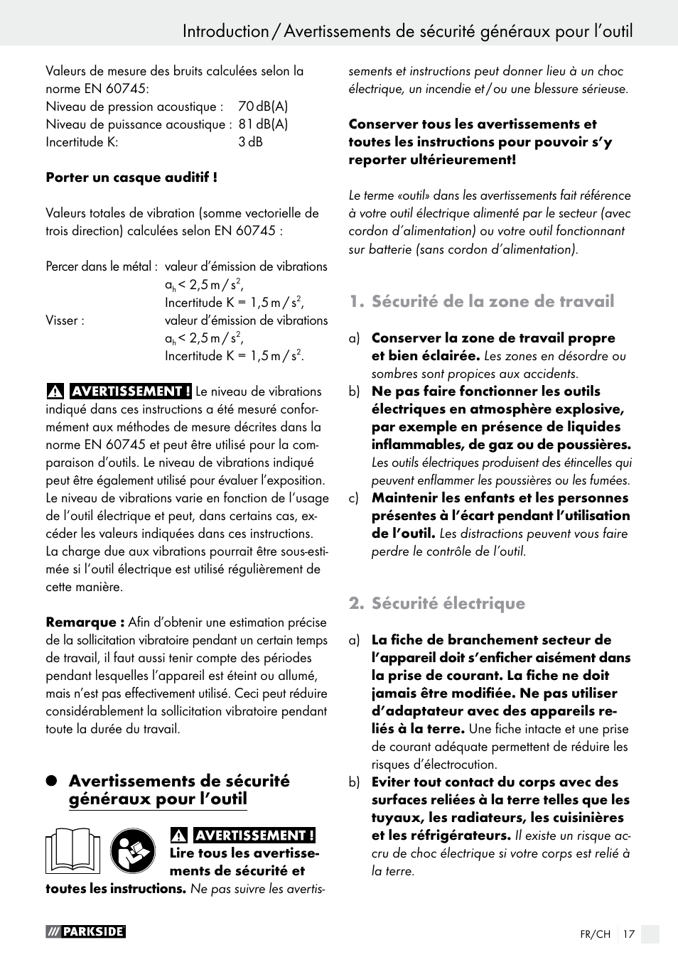 Avertissements de sécurité généraux pour l’outil, Sécurité de la zone de travail, Sécurité électrique | Parkside PABS 10.8 C2 User Manual | Page 17 / 44