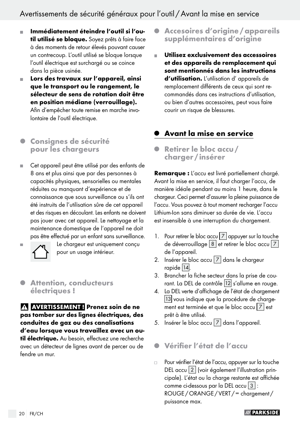 Consignes de sécurité pour les chargeurs, Attention, conducteurs électriques, Vérifier l’état de l’accu | Parkside PABS 10.8 C2 User Manual | Page 20 / 44