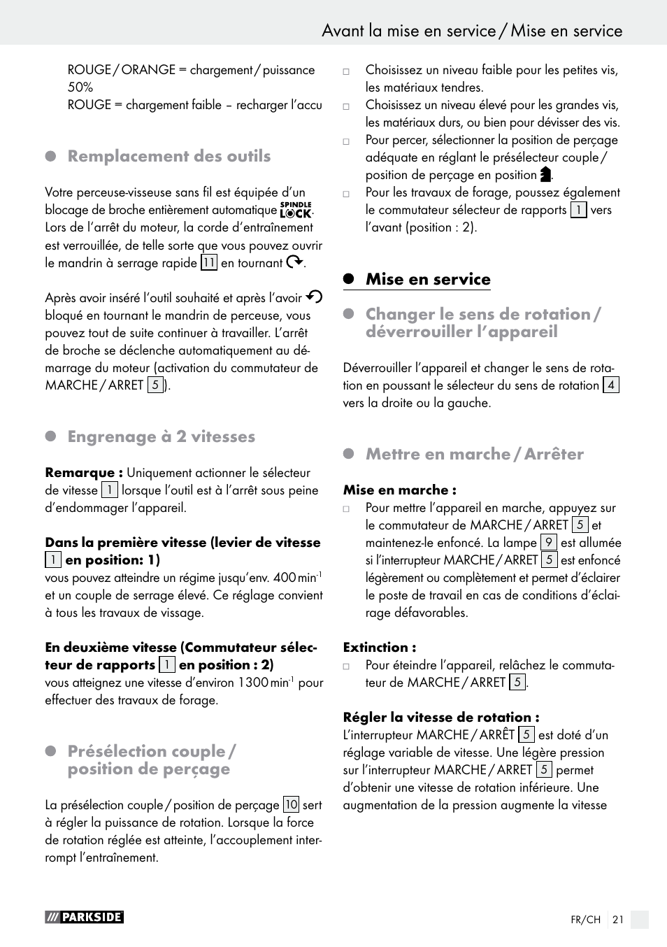 Remplacement des outils, Engrenage à 2 vitesses, Présélection couple / position de perçage | Mettre en marche / arrêter | Parkside PABS 10.8 C2 User Manual | Page 21 / 44