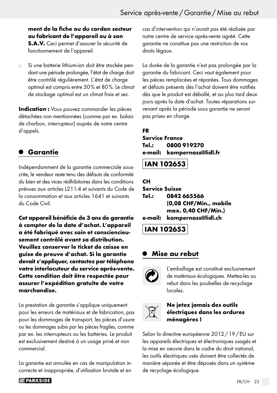 Garantie, Mise au rebut | Parkside PABS 10.8 C2 User Manual | Page 23 / 44