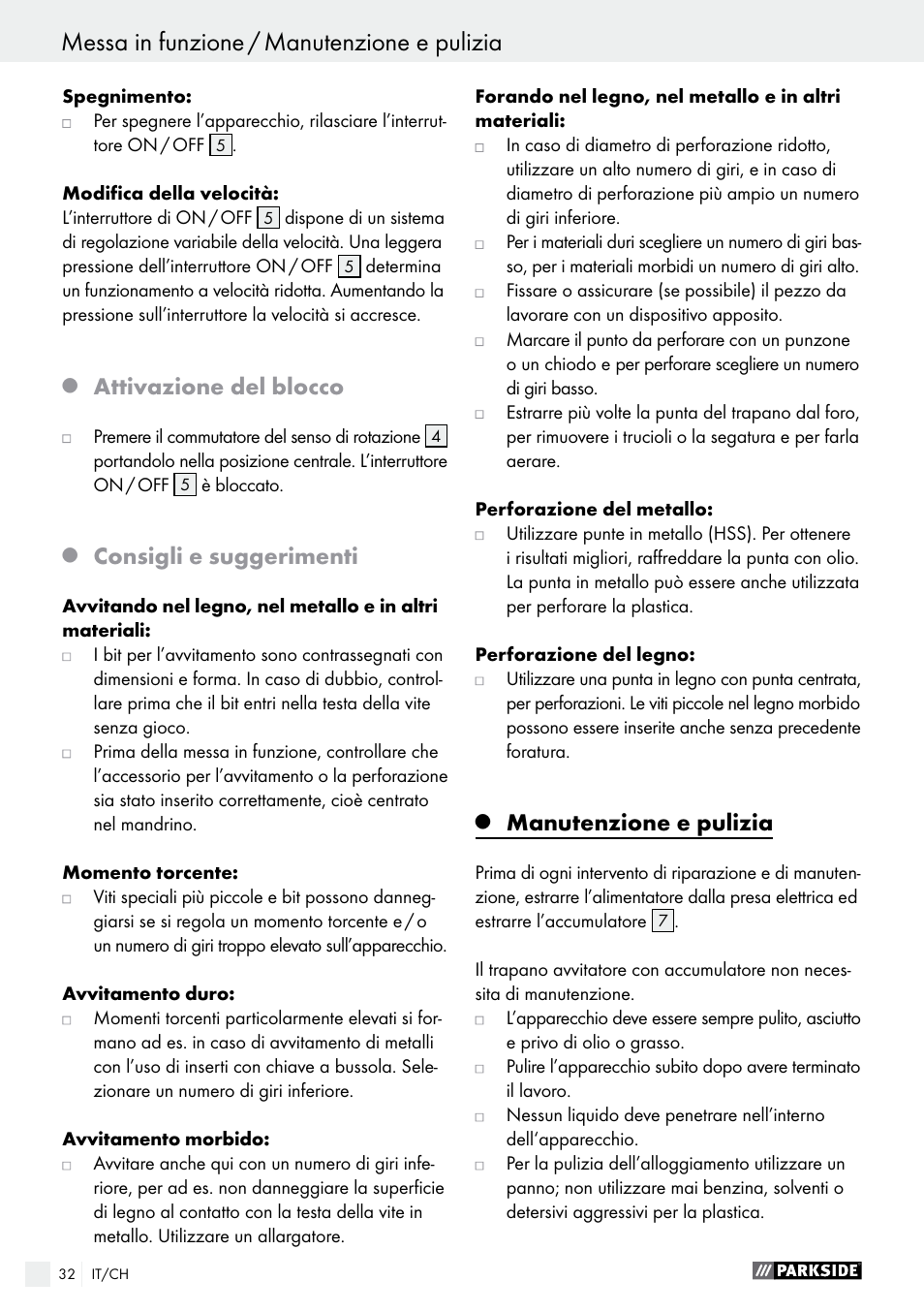 Attivazione del blocco, Consigli e suggerimenti, Manutenzione e pulizia | Parkside PABS 10.8 C2 User Manual | Page 32 / 44