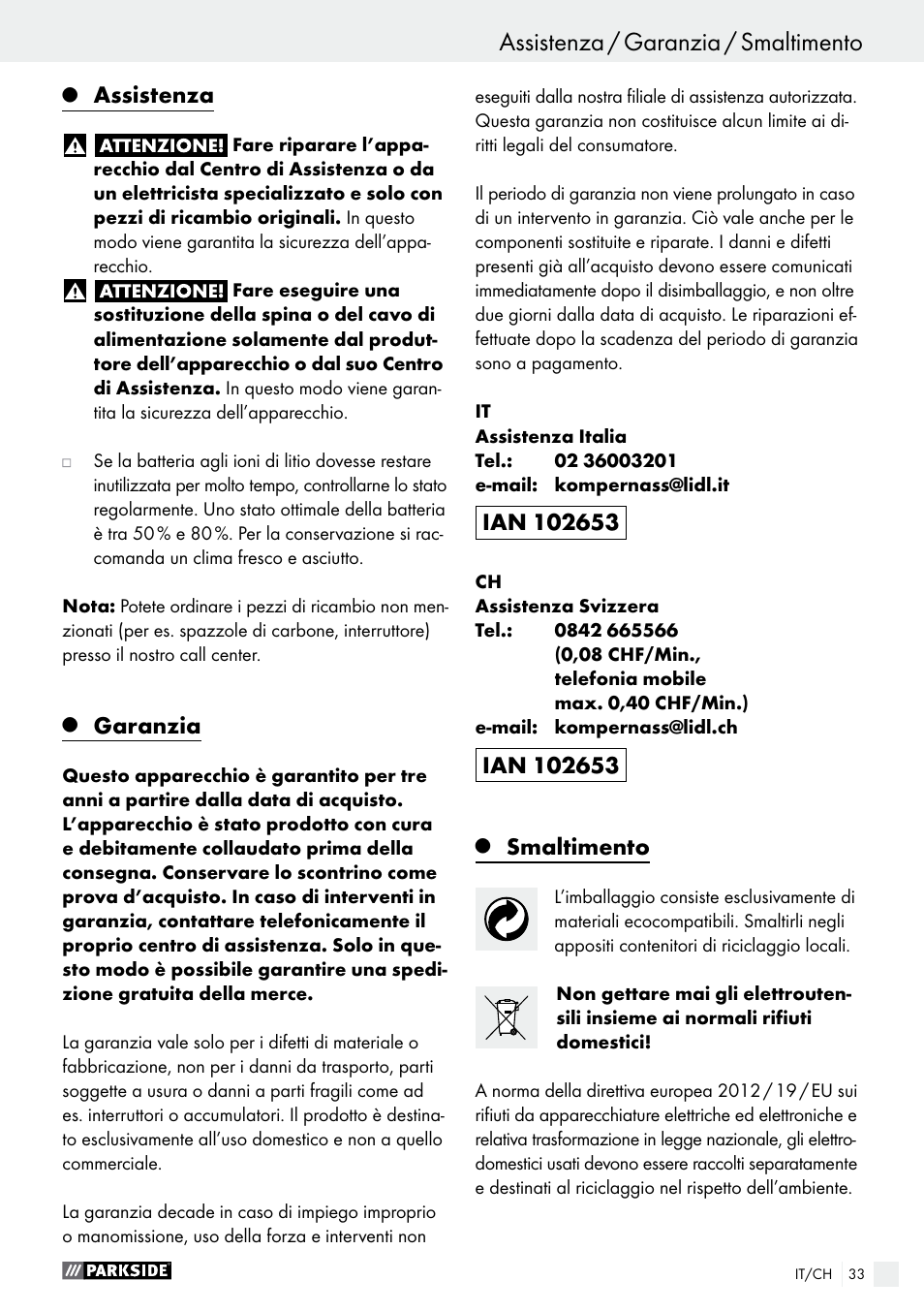 Messa in funzione / manutenzione e pulizia, Assistenza / garanzia / smaltimento, Assistenza | Garanzia, Smaltimento | Parkside PABS 10.8 C2 User Manual | Page 33 / 44