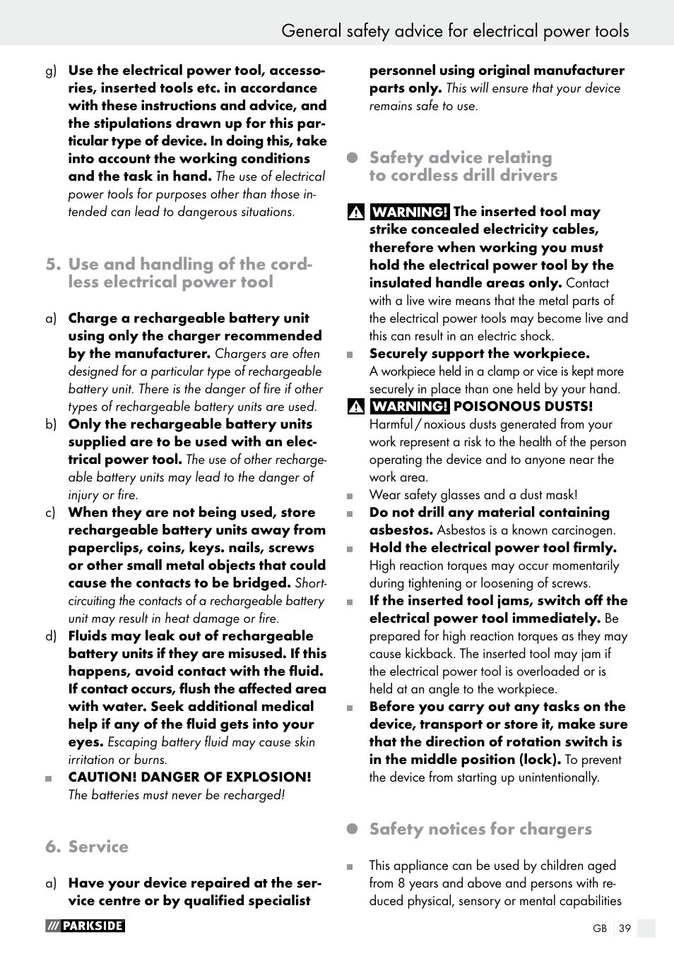 General safety advice for electrical power tools, Service, Safety advice relating to cordless drill drivers | Safety notices for chargers | Parkside PABS 10.8 C2 User Manual | Page 39 / 44